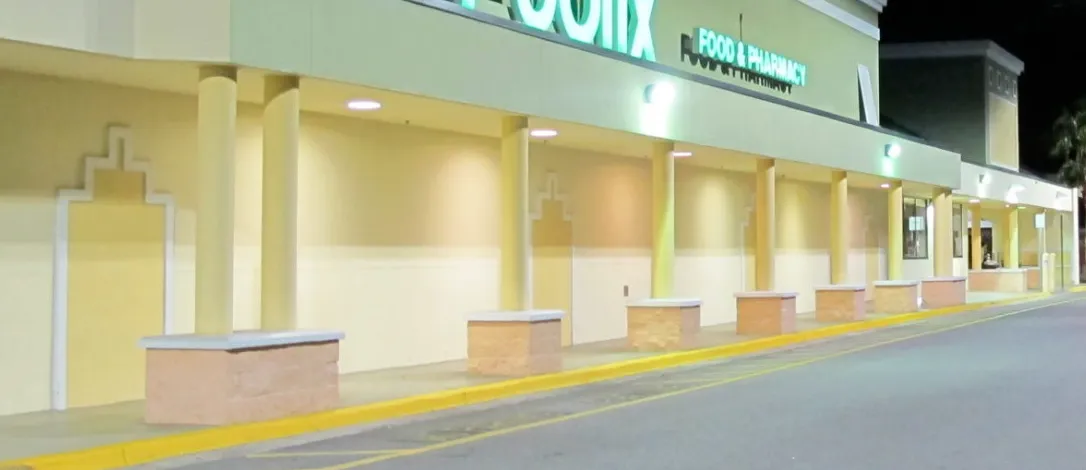 security lighting illuminating the exterior facade