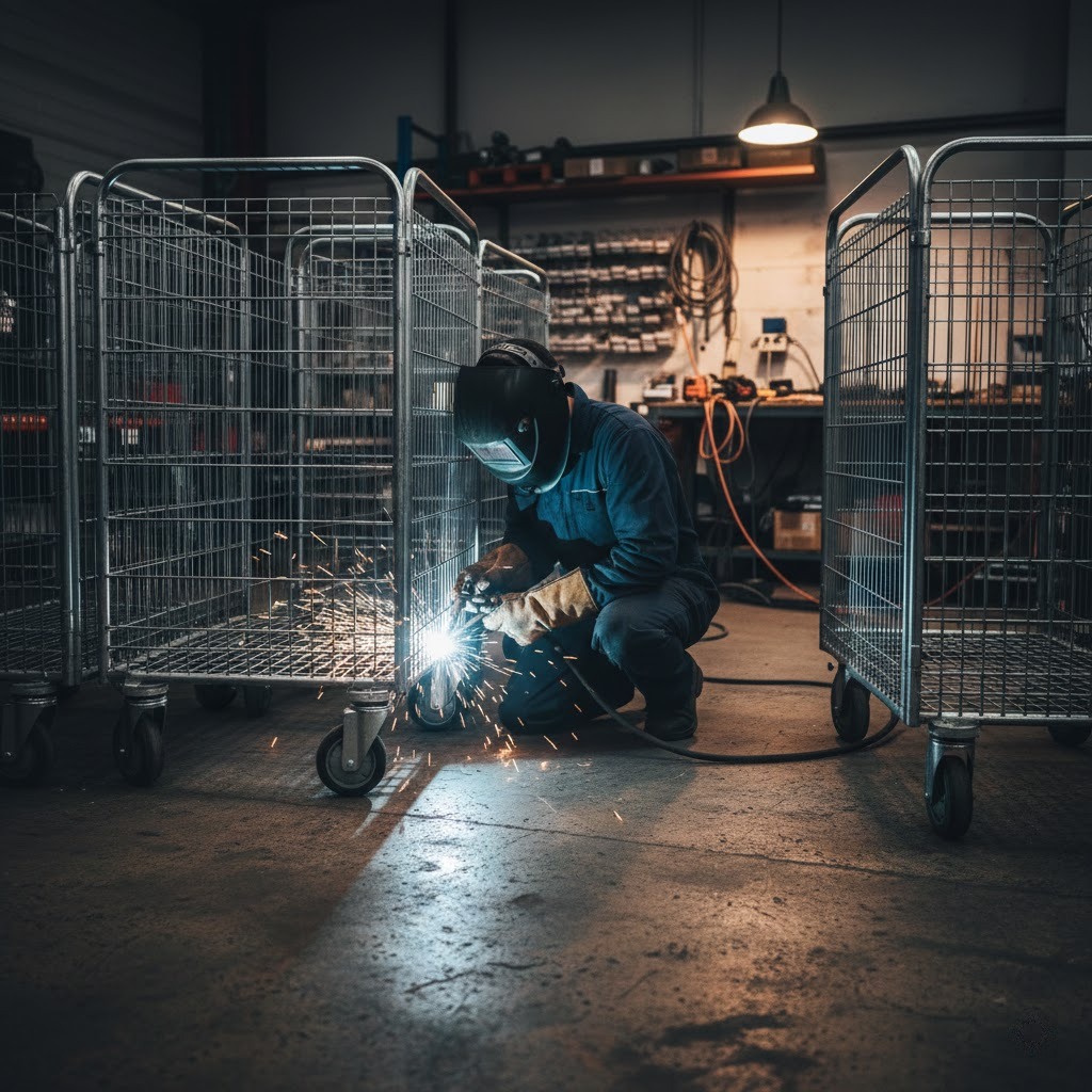 welder in full safety gear repairing industrial wire carts