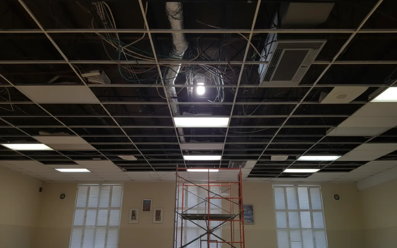a wide-angle view of an exposed commercial drop ceiling grid showing complex electrical wiring