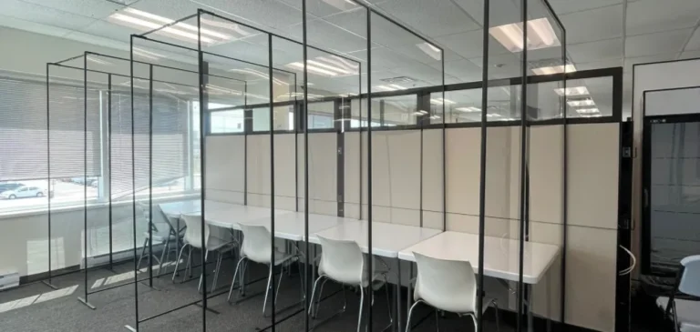 floor-to-ceiling clear sneeze guard partitions